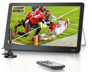8. DESOBRY Tragbarer 14-Zoll-Fernseher mit Antenne, Kleiner tragbarer Fernseher mit ATSC-Tuner, Mini LCD-Fernseher, der mit Batterien aufgeladen Werden kann, 1080P, Integrierter TV-Ständer