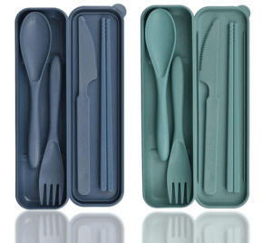 3. Besteck Set, 2 Pcs Camping Besteck mit Koffer, Kunststoff Reisebesteck Löffel Messer Gabel Essstäbchen Etui