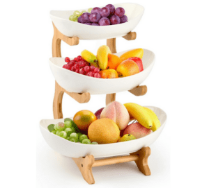 3. ANNTIM Etagere 3 Etagen, Obst Etagere 3 Stöckig Obstschale Keramik, Weiß Obstkorb Etagere 3 Stöckig mit Natürlichem Bambus Ständer Servierteller für Obst, Kuchen, Süßigkeiten