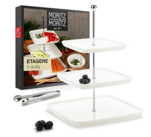 5. Moritz & Moritz Obst Etagere 3 Etagen - Inkl. Zange - Aus hochwertigem Porzellan – Moderne Küchen Deko oder Party Deko – Perfekt als Obstschale für Obst Aufbewahrung, Muffins und Cupcakes